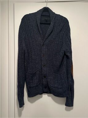 ON SALE J. Crew Men's Blue Cotton Cardigan With Suede Elbow Pads